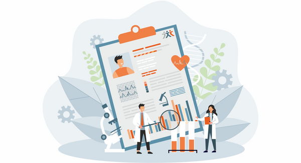 Clipart Patientendaten auf Klemmbrett unter einer Lupe