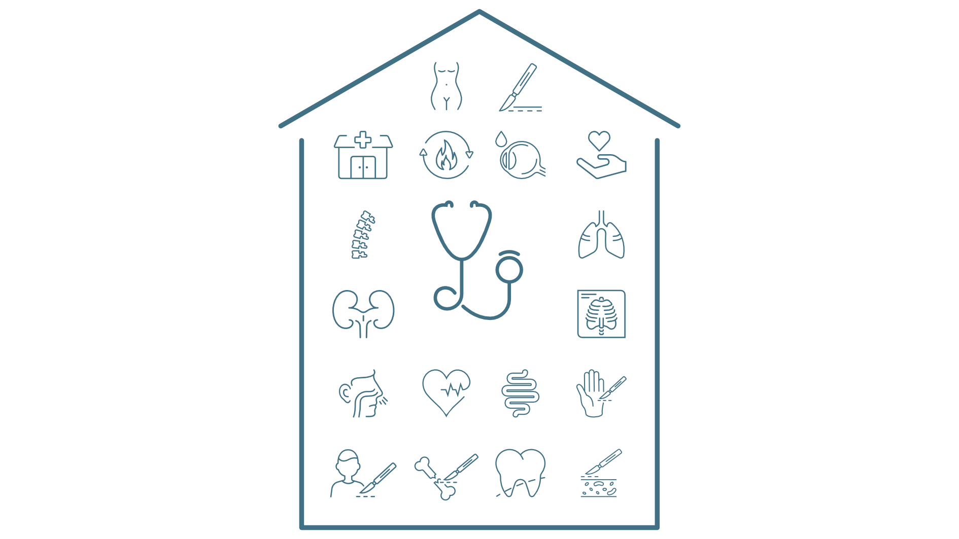 Haus mit Icons, die jeweils einen Fachbereich der neuen Praxiswelt darstellen